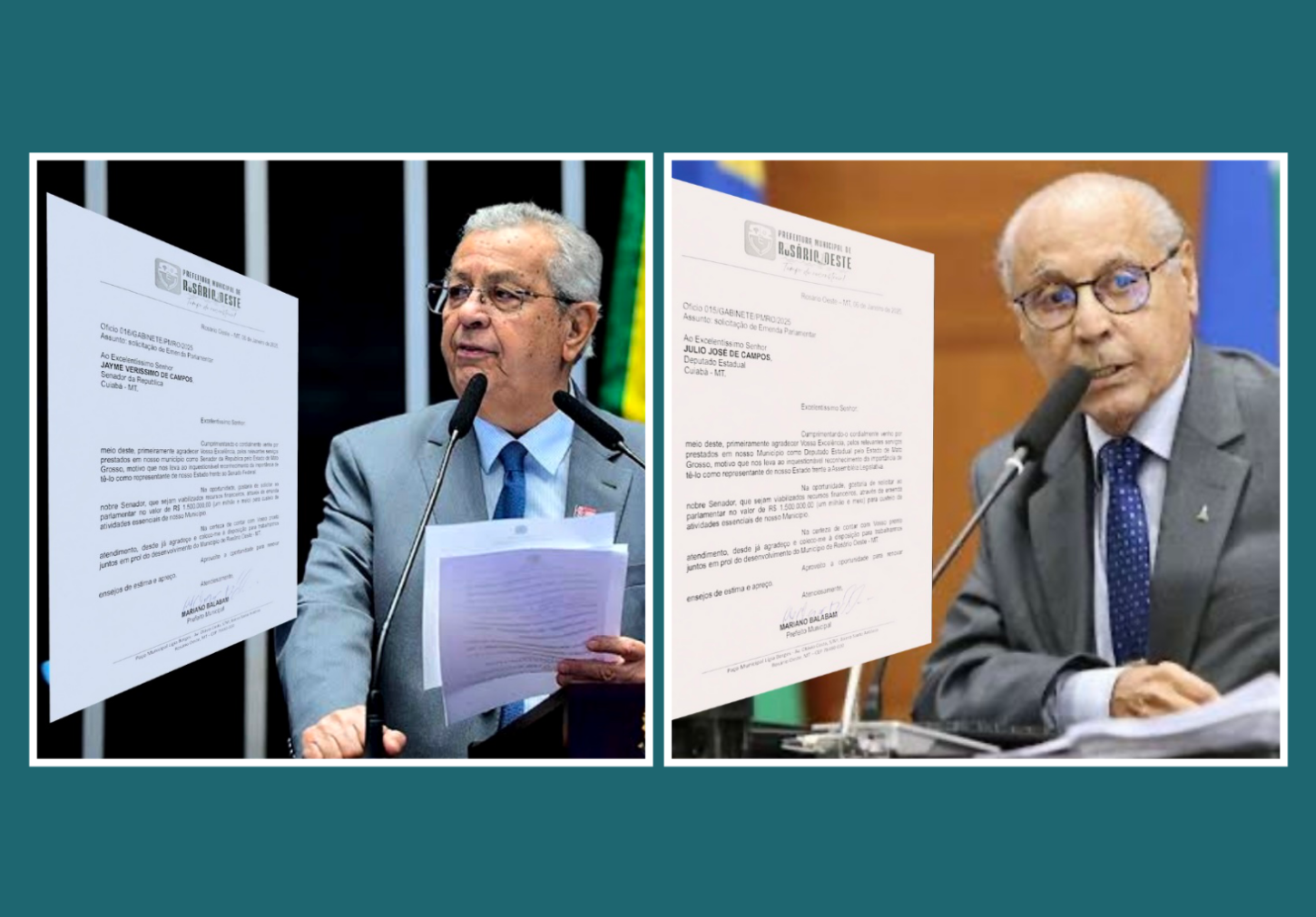Prefeito Mariano Balabam pede R$ 1,5 milhão em emenda parlamentar ao Senador Jayme Campos e ao Deputado Julio Campos.