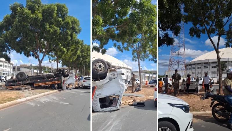 Caminhão sem freio atinge veículo e ambos capotam em Cuiabá