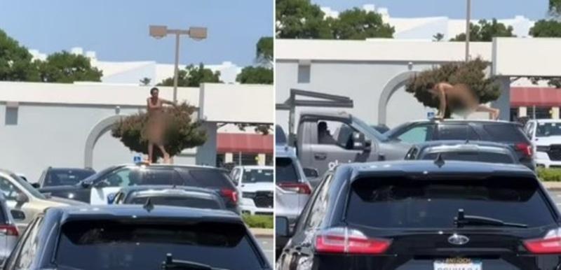 Homem pelado sobe no teto de viatura, dança e simula sexo