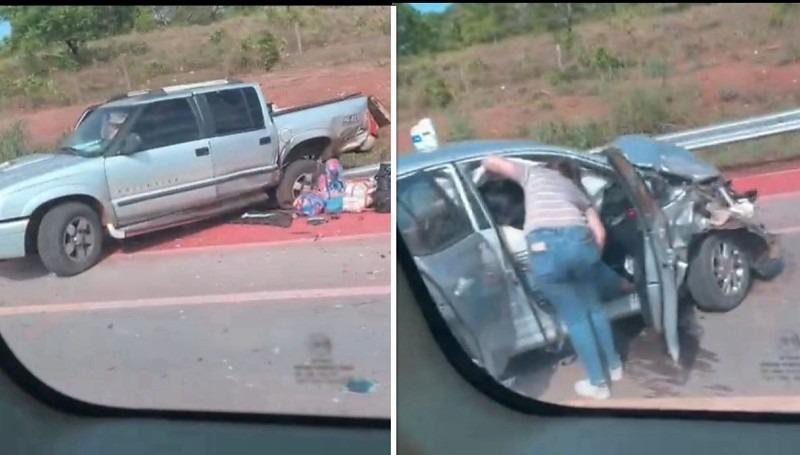Carro e caminhonete ficam destruídos em acidente na MT-251