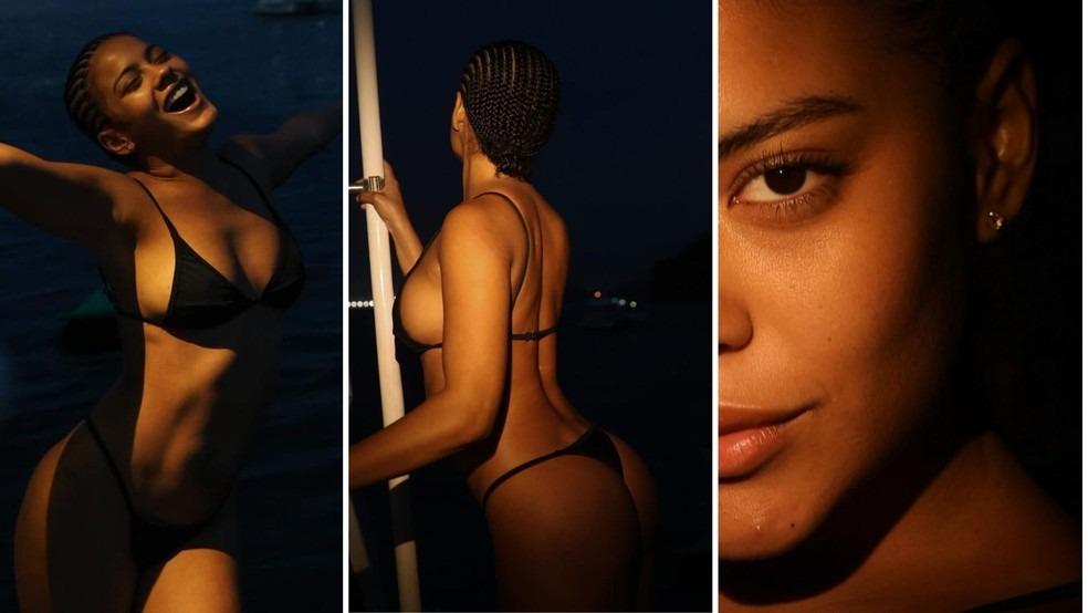 Bella Campos posta fotos de biquíni em banho noturno e ganha elogios: 'Obra de arte'