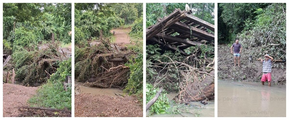 Fortes chuvas derrubam ponte e deixam famílias ilhadas em Rosário Oeste; Prefeitura aciona Defesa Civil