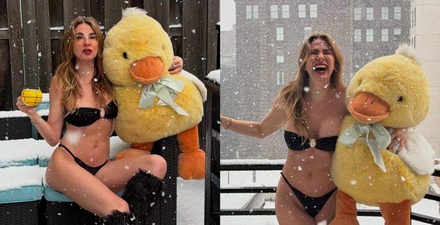 Luciana Gimenez faz fotos de biquíni em meio à tempestade de neve após Nova York entrar em estado de alerta