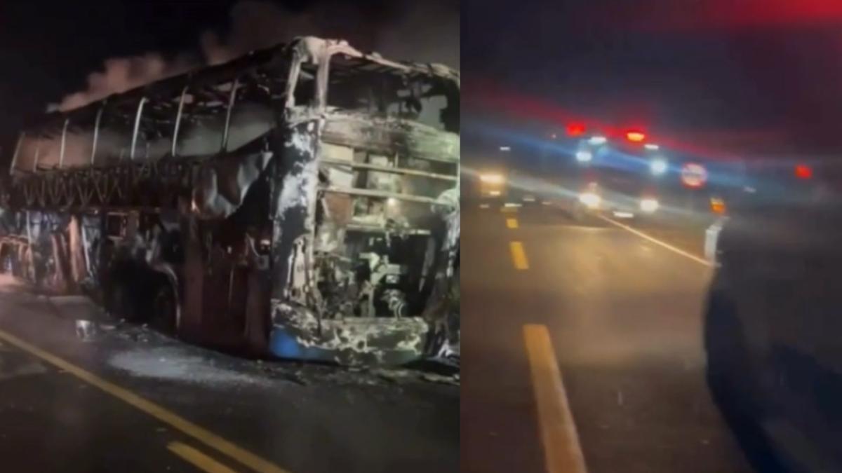 Ônibus fica totalmente destruído após incêndio na MT-358