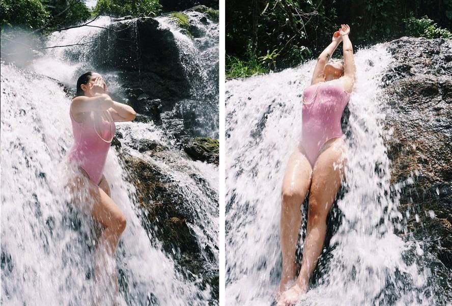 Recuperada de cirurgia, Carol Macedo troca beijos com marido em banho de cachoeira