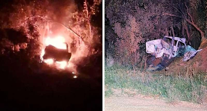 Casal morre carbonizado após caminhonete capotar e pegar fogo na MT-490 perto da Comunidade São Luiz Gonzaga, em Sorriso.