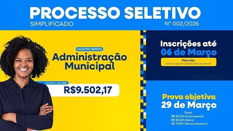 Diamantino abre Processo Seletivo com salários de até R$ 9,5 mil e inscrições a partir de 26 de fevereiro