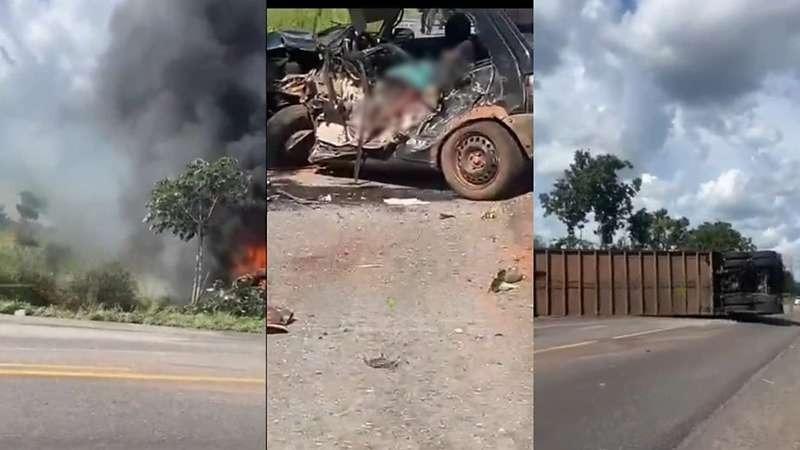 Grave acidente entre carreta boiadeira e Uno deixa dois mortos em rodovia de MT