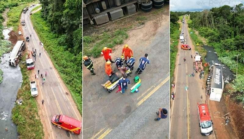 Motorista fica preso às ferragens após carreta tombar na MT-235