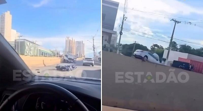 Corolla fica pendurado em trincheira após batida no trevo do Santa Rosa