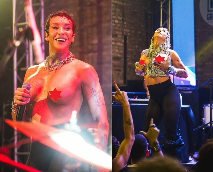 De volta aos palcos após internações, Linn da Quebrada surge com os seios à mostra em show