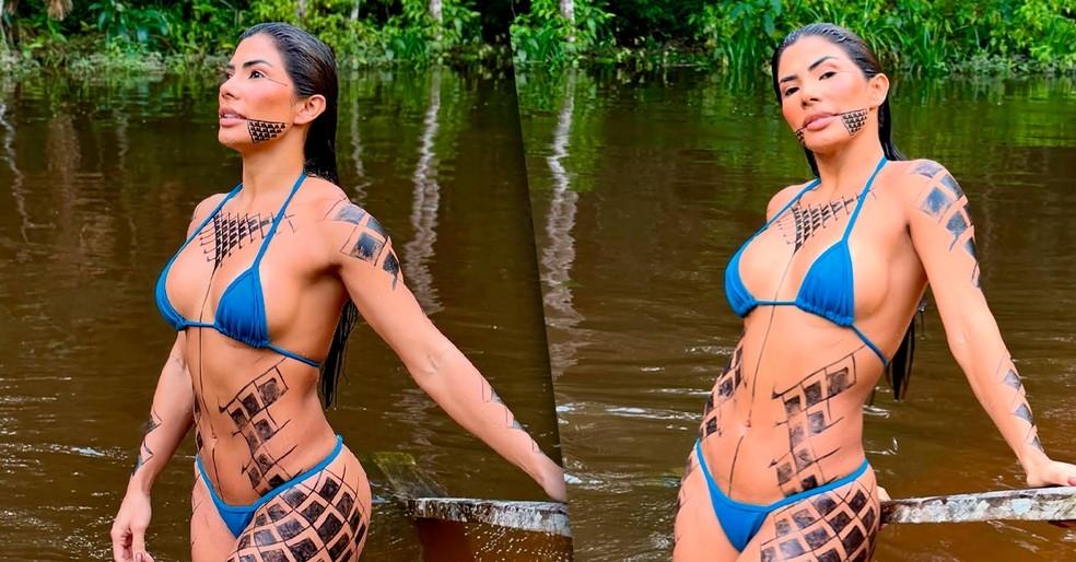 Marciele posa de biquíni, exibe grafismos pelo corpo e celebra: 'A vida tão generosa comigo'