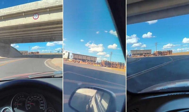 Carreta tomba após contornar rotatória no entroncamento da BR-163 com a MT-235, em Nova Mutum
