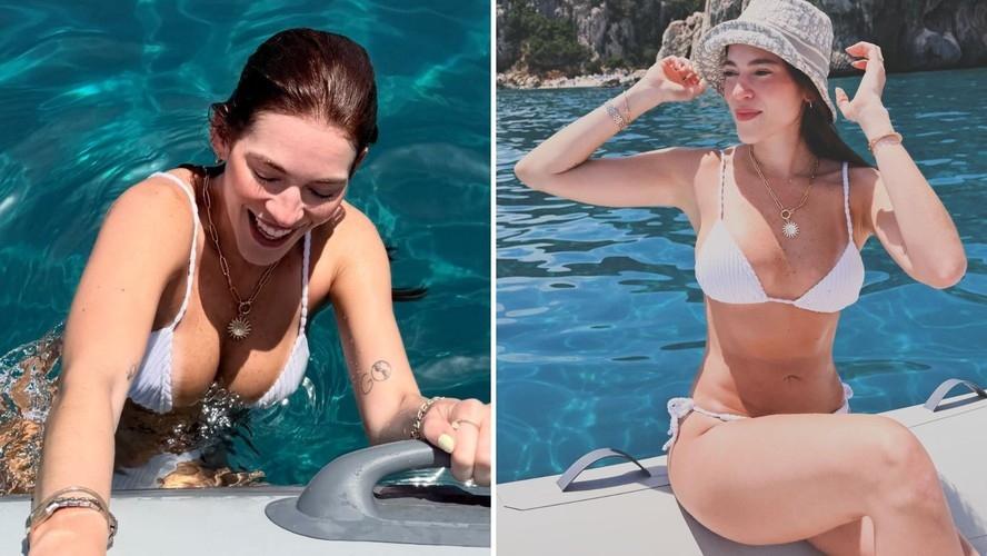 De férias, Ana Clara posa de biquíni branco durante passeio de barco na Sardenha