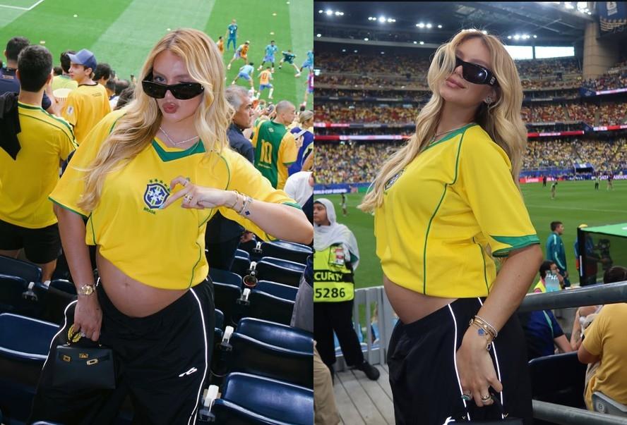 Gabriely, esposa de Endrick, aposta em look básico e exibe barriga de gravidez em jogo do Brasil