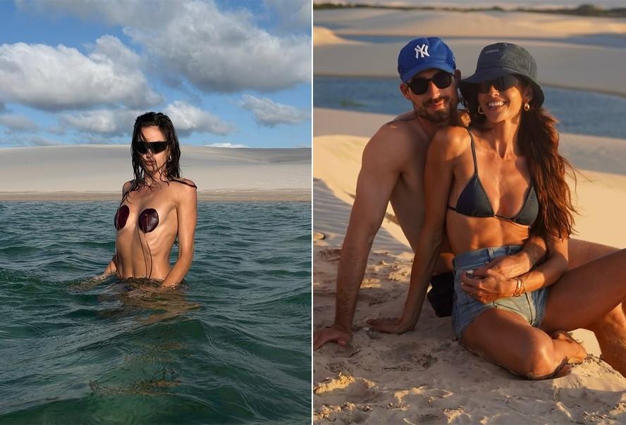 Izabel Goulart usa folhas como biquíni nos Lençóis Maranhenses com o noivo