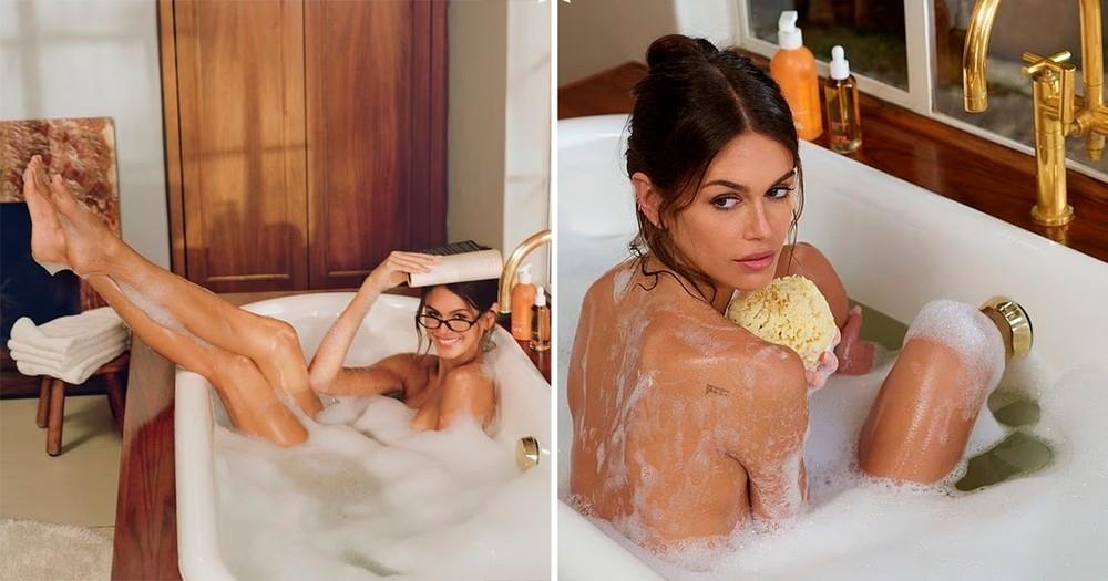 Kaia Gerber, 'filha-clone' de Cindy Crawford, posa completamente nua dentro de banheira