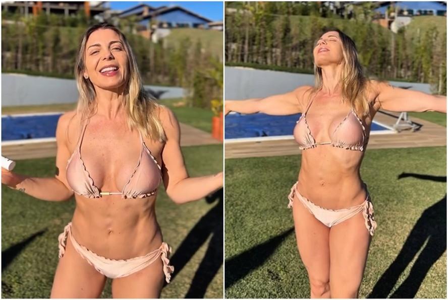 Sheila Mello curte solzinho de outono usando biquíni nude