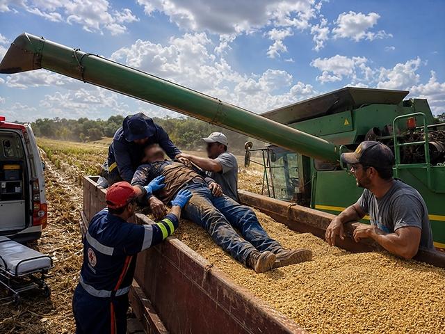 Trabalhador cai de carreta após ser atigindo por tubo de descarga da colheitadeira