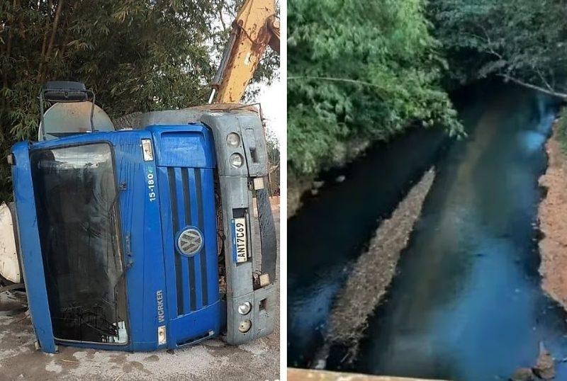 Caminhão tomba em ponte e derrama carga de piche em rio