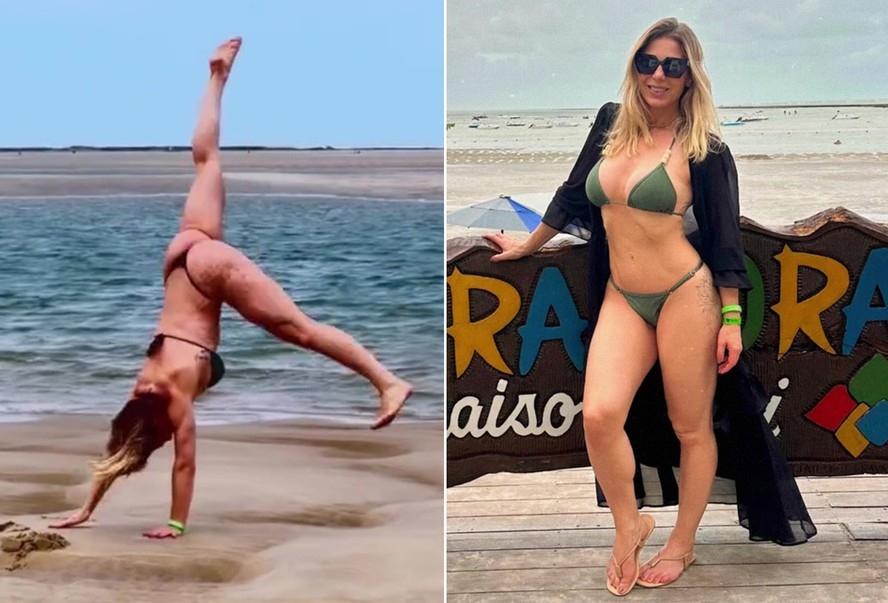 De fio-dental, Sheila Mello mostra shape ao fazer estrela na praia; vídeos