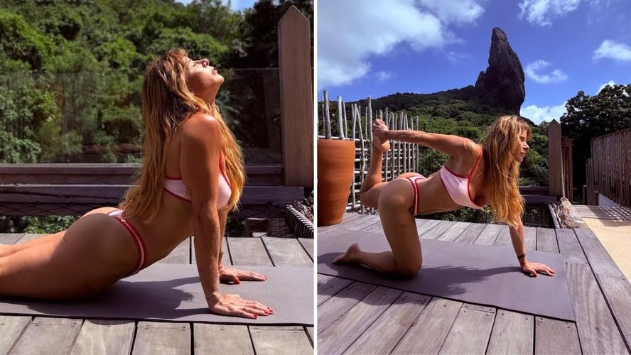 Pertinho de comemorar 50 anos, Dany Bananinha faz ioga durante férias em Fernando de Noronha