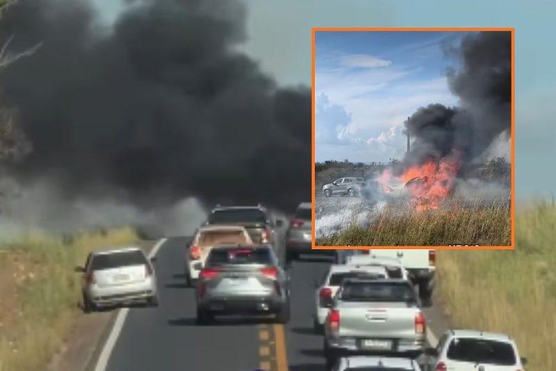 Carro pegou fogo na Estrada da Guia; pai e filho se salvaram 