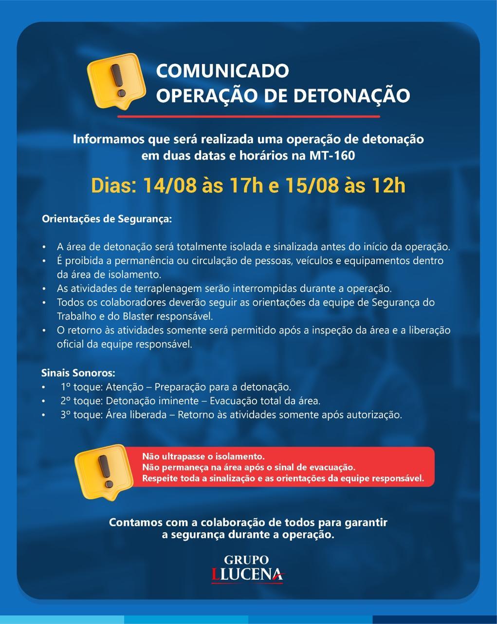 Grupo Lucena programa detonação de rochas na MT-160 no Distrito de Bauxi, em Rosário Oeste e alerta para interdição