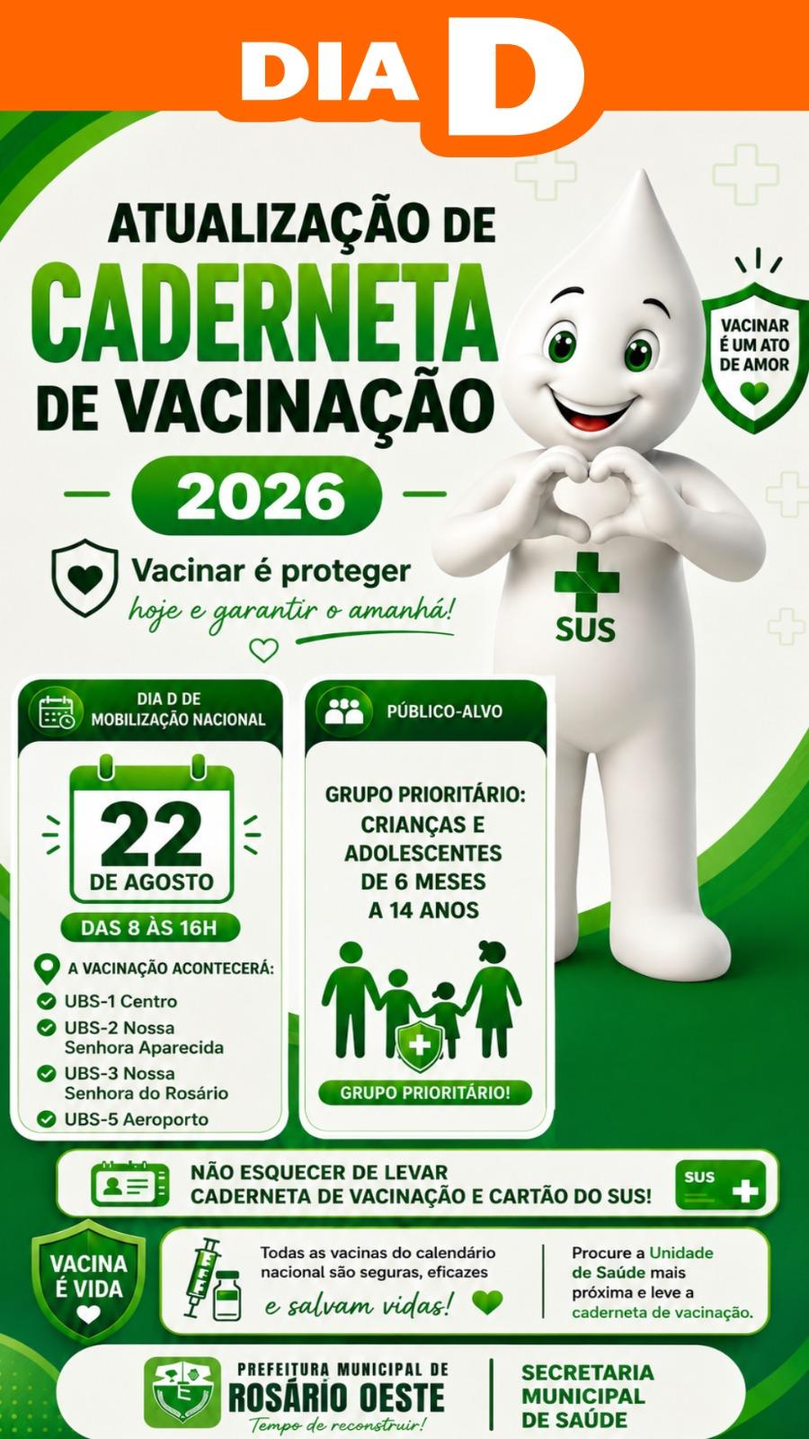 Rosário Oeste realiza 'Dia D' de Atualização da Caderneta de Vacinação no sábado (22)