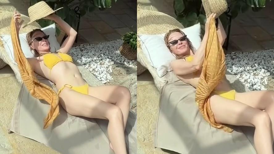 Kylie Minogue posa de biquíni e fã elogia: 'Os 58 nunca pareceram tão bons'