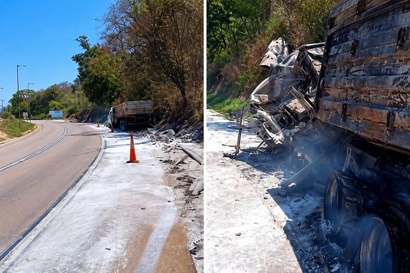 Motorista morre carbonizado após carreta pegar fogo em acidente com cinco veículos em rodovia de MT