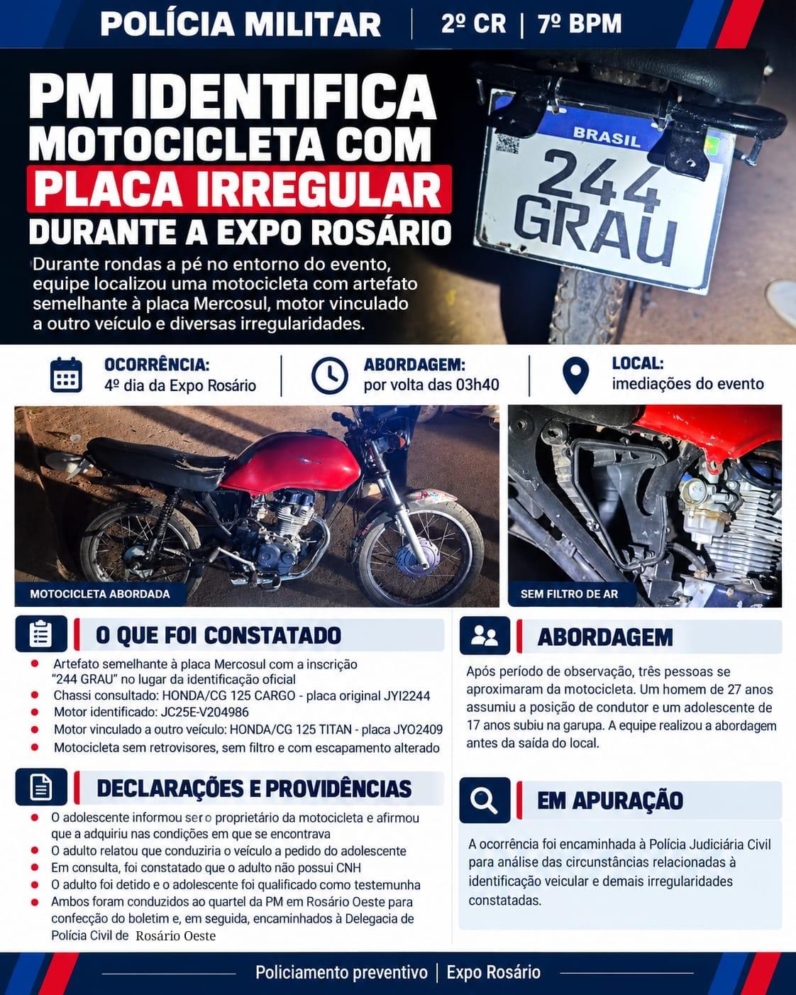 Homem é preso pela polícia militar por adulteração de motocicleta em Rosário Oeste