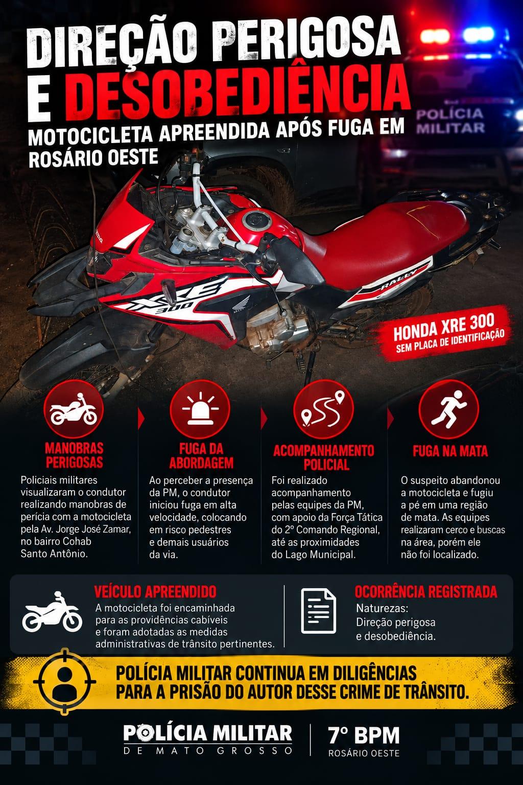 PM realiza apreensão de motocicleta em Rosário Oeste após condutor fugir de abordagem policial