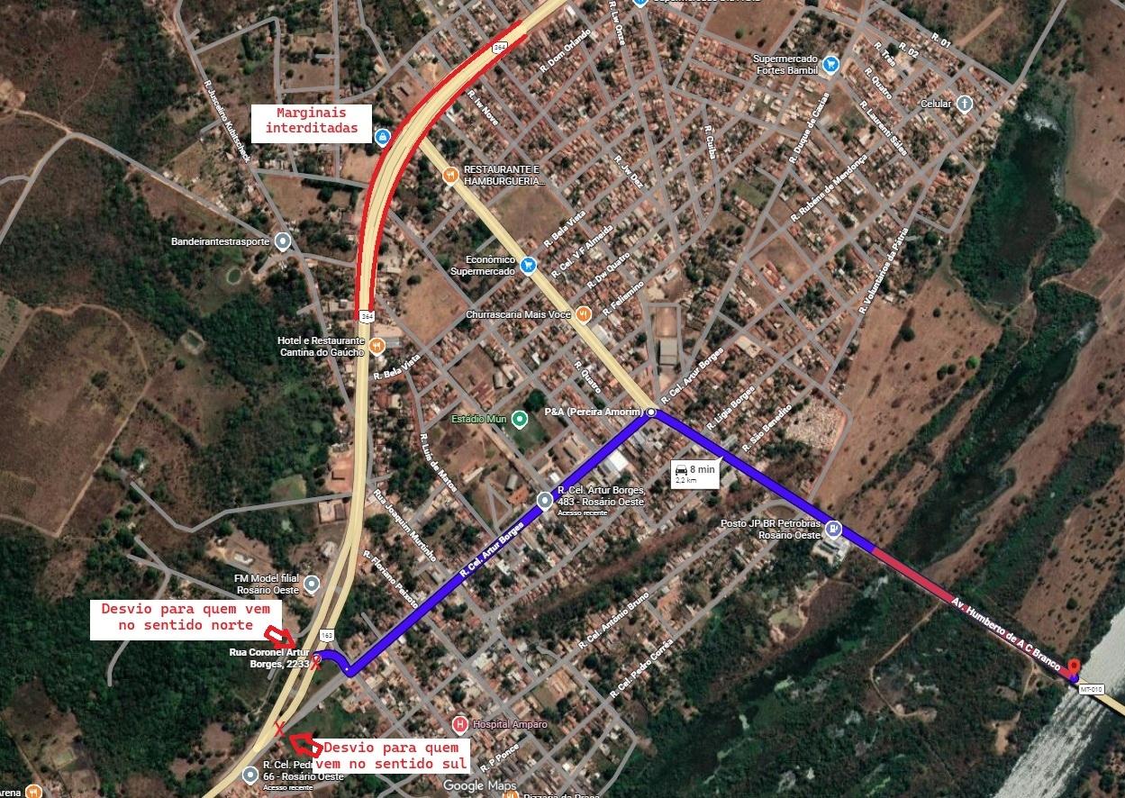 BR-364 terá interdição temporária das marginais em Rosário Oeste para obras de manutenção de quarta a sexta (21 a 23)