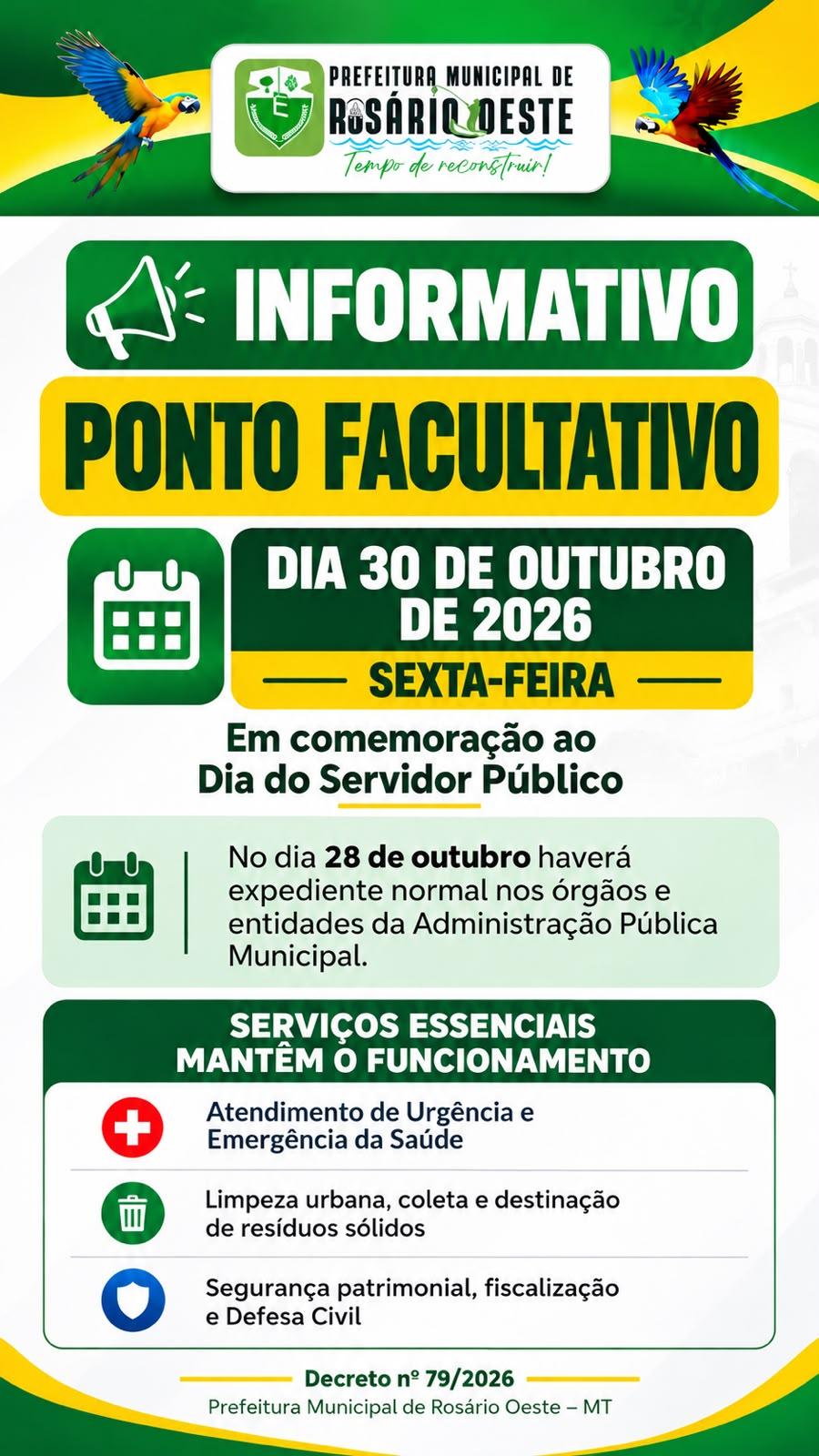 Dia do Servidor Público: Rosário Oeste transfere ponto facultativo de 28 para 30 de outubro