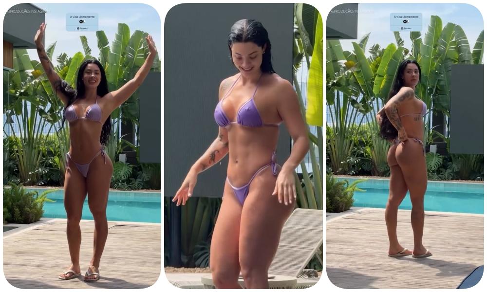 Em meio a rumores de crise com Belo, Rayane Figliuzzi exibe bronzeado e curte dia de piscina