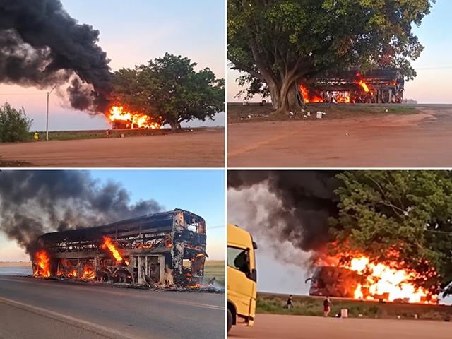 Ônibus que saiu do Maranhão com destino a Sorriso é consumido pelo fogo em Campo Verde