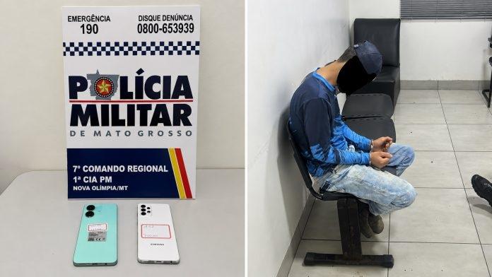 PM age rápido, prende suspeito e recupera celulares furtados em Nova Olímpia
