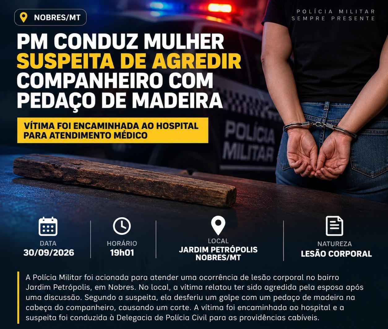 Mulher foi levada à delegacia após agredir o companheiro com pedaço de madeira durante briga