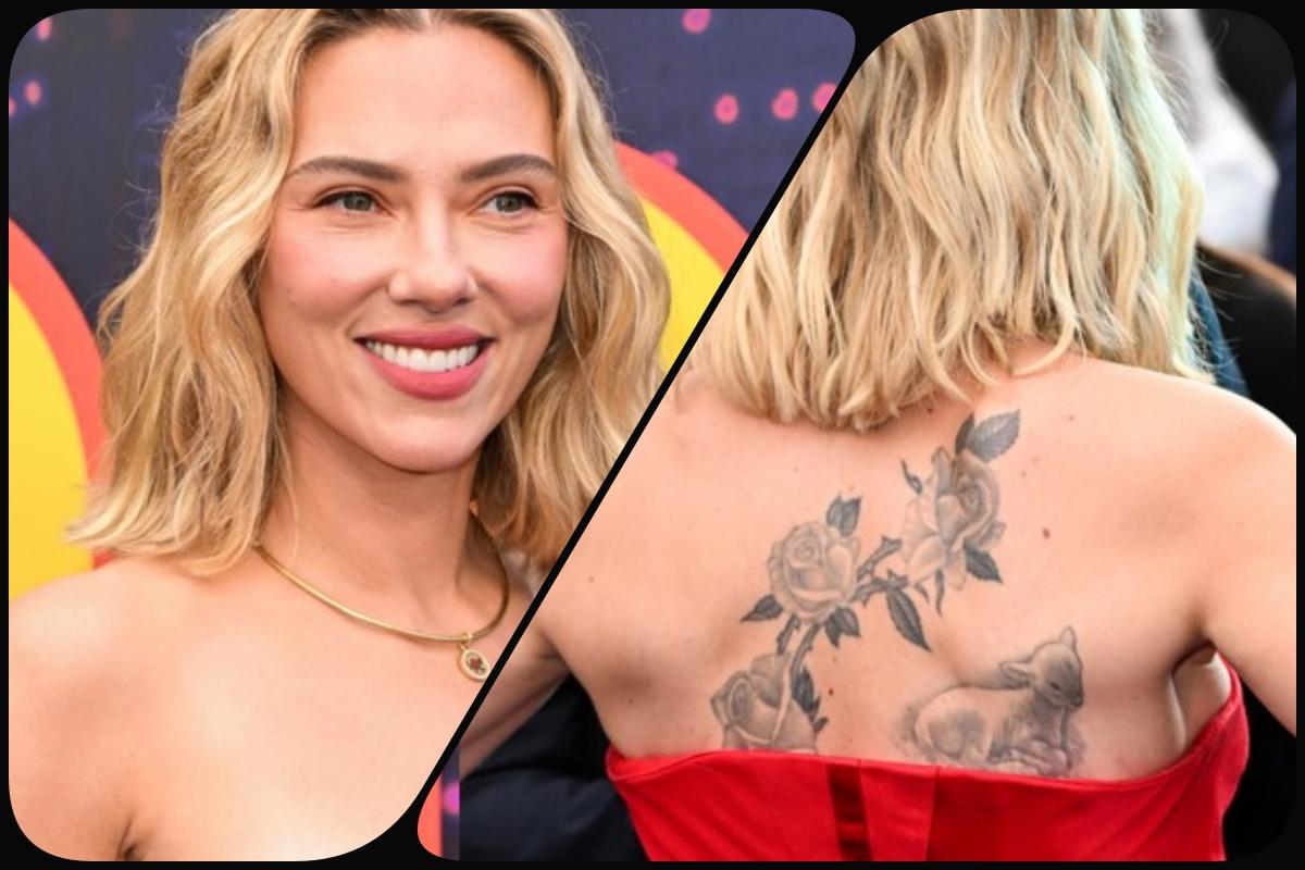Scarlett Johnanson abala première de filme com vestido tomara que caia e tatuagens à mostra em Londres