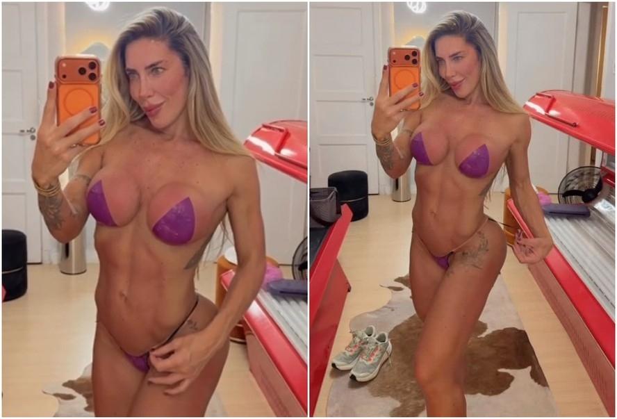 Tati Minerato renova o bronzeado com biquíni de fita