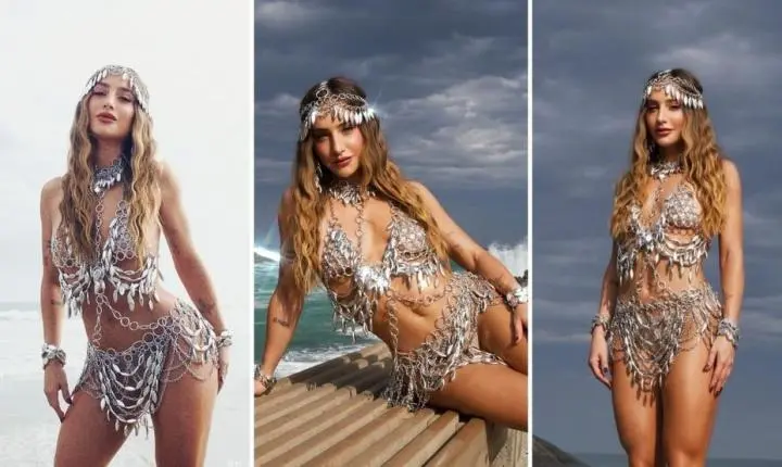Bruna Griphao posa com look ousado de correntes para celebrar volta ao Salgueiro
