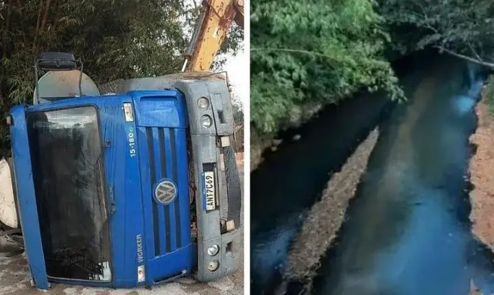 Caminhão tomba em ponte e derrama carga de piche em rio