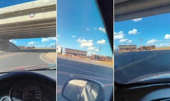 Carreta tomba após contornar rotatória no entroncamento da BR-163 com a MT-235, em Nova Mutum