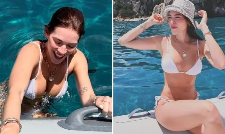 De férias, Ana Clara posa de biquíni branco durante passeio de barco na Sardenha