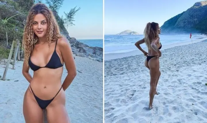 De férias, Gabriela Loran vai à praia e faz poses com biquíni preto: 'Baguncinha'