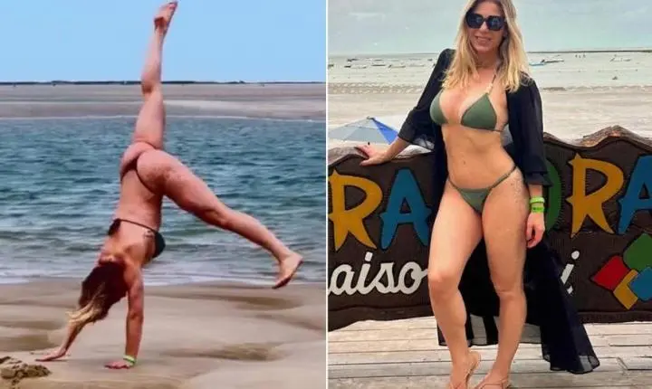 De fio-dental, Sheila Mello mostra shape ao fazer estrela na praia; vídeos