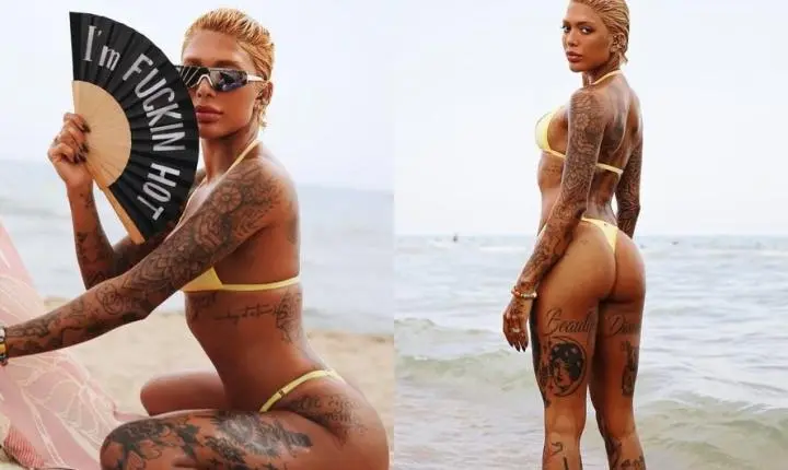Dhiovanna, irmã de Gabigol, posta de fio-dental amarelo em praia e ganha elogios