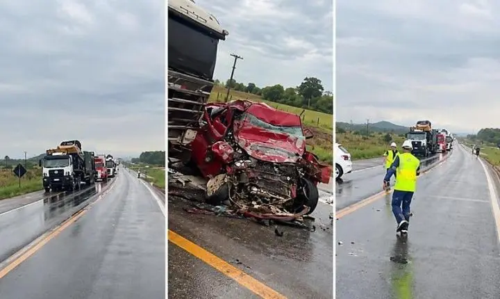 Duas pessoas morrem em colisão frontal entre utilitário e carreta na BR-364 em Rosário Oeste