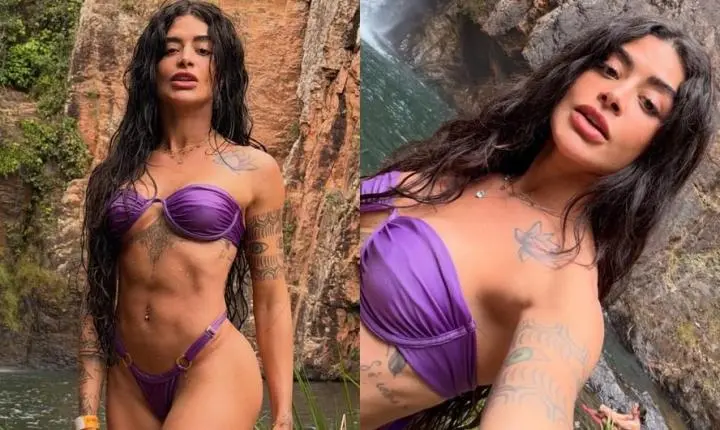 Em cachoeira, Aline Campos ostenta abdômen trincado e tatuagens que restaram após processo de remoção